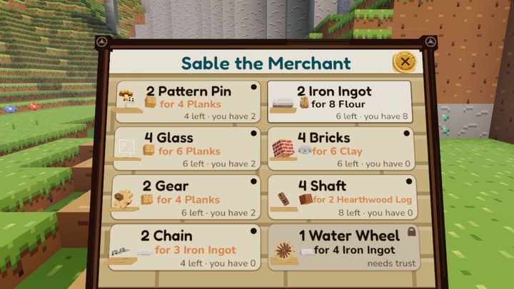A parchment barter board with a merchant's offers