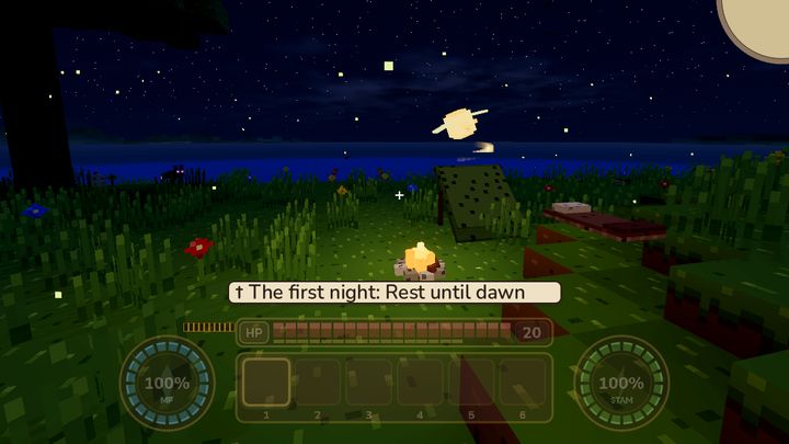 A campfire and bedroll under a starry sky