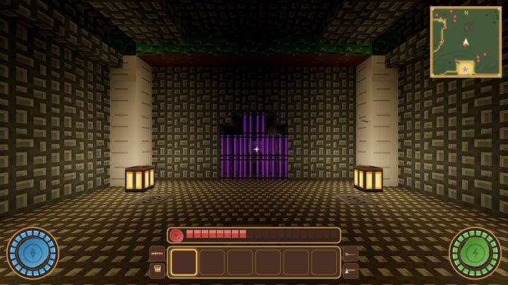 A lantern-lit stone hall with a purple portal
