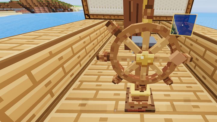 A ship's wheel on a wooden deck